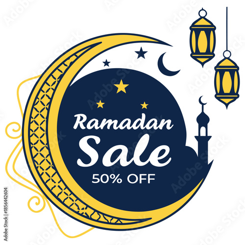 Print Festive 50% sale for ramadan or eid featuring a mosque, crescent moon, and stars