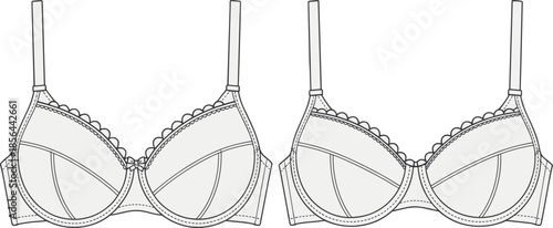 Women lingerie bra technical flat vector CAD drawing front view fashion underwear garment outline illustration template for apparel production