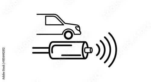 A line art illustration depicting a car's exhaust system with a sensor emitting waves, symbolizing emission monitoring or diagnostic technology.