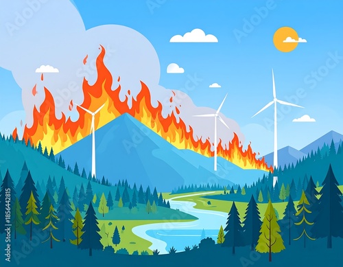 Climate change illustration: wildfire engulfs mountains near wind turbines scenery