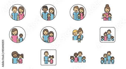 A collection of diverse family icons depicting various family structures, including parents with children, single parents, and groups of siblings, in a flat cartoon style.