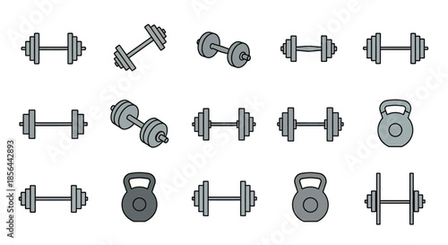 A collection of various grey dumbbell and kettlebell icons for fitness and exercise, representing gym equipment.