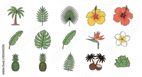 A vibrant collection of tropical plants, including palm trees, various leaves, exotic flowers like hibiscus and bird of paradise, and fruits such as pineapples and coconuts.