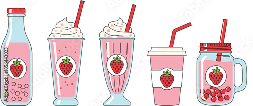 Flat vector illustration of a collection of strawberry drinks including milkshakes smoothies and bubble tea in glass bottles cups and jars with red straws
