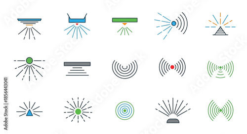 A collection of sensor icons depicting various types of detection, emission, and signal patterns for technology and security applications.