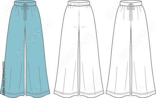 Women, wide, leg, pants, technical, flat, vector, CAD, drawing, front, and, back, view, fashion, apparel, garment, outline, illustration, design, template