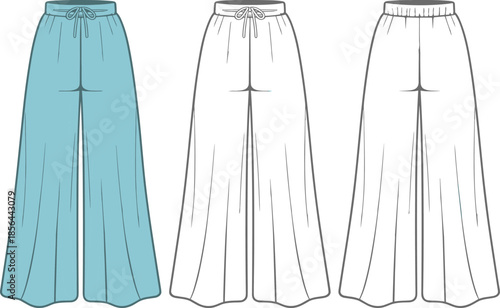 Women wide leg pants technical flat vector CAD drawing front view fashion apparel garment outline illustration design
