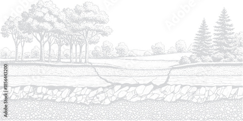 Cross section of the earth showing layers of soil and rock with trees and plants above.