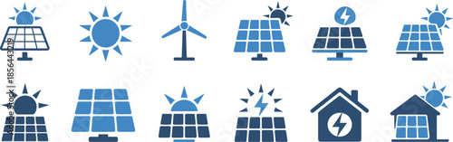 Renewable energy icons vector set with solar panels, wind turbine, eco house symbols, clean electricity and sustainable power flat illustration