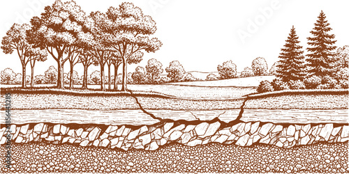 Geological Cross Section Illustrating Underground Water Flow and Rock Layers.