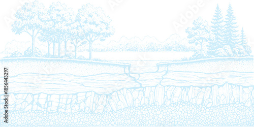 Geological layers and trees in a serene natural landscape.