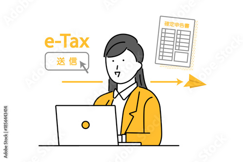 ノートパソコンを使ってイータックスを利用する女性のイメージイラスト