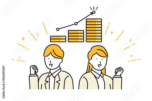 お金が増えていく状況にガッツポーズをする若い夫婦のイラスト