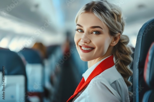 Young flight attendant smiling inside airplane cabin