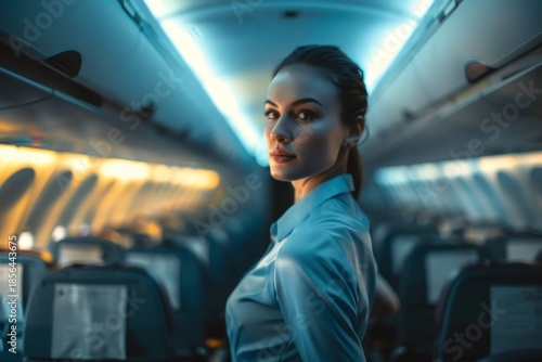 Flight attendant looking back inside empty airplane cabin