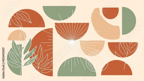 Abstract boho geometric shapes with leaves