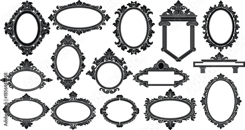 Vintage ornate frame collection, baroque decorative borders, rococo flourish templates, black vector embellishments, classic empty frames for design, invitation, label, signage
