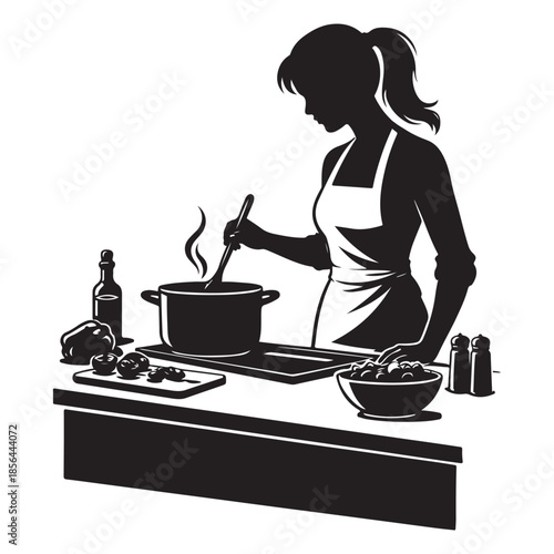 Silhouette black of woman cooking in kitchen vector illustration