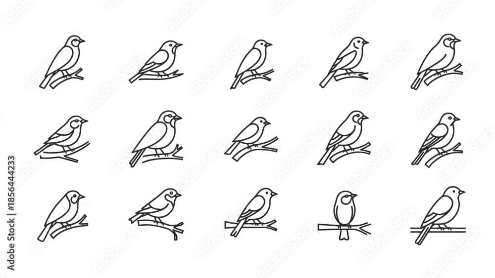 Naklejka premium Bird outline icon set showing different poses and perching styles, minimal line vector animal symbols 