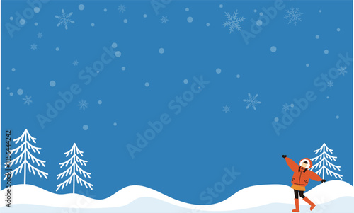 赤いフードを被った女の子と冬山の背景イラスト