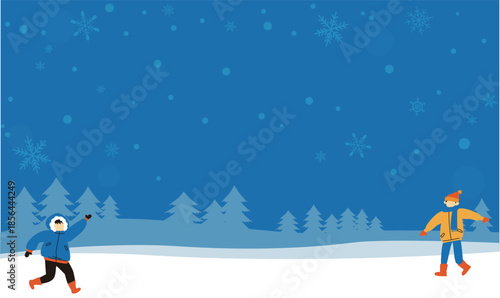 冬の背景と元気な子供達のフレームイラスト