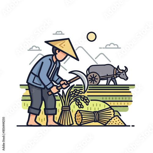 Farmer with conical hat works in field with buffalo and mountains.