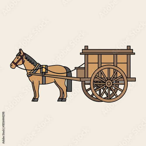 Illustration of a horse pulling a wooden cart on a light background.