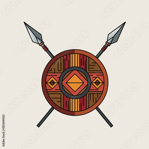 Shield with spears crossed behind it on a light background.