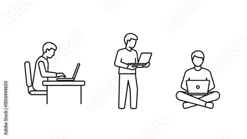 Man working on laptop in various positions sitting standing and cross legged simple line art illustrations.