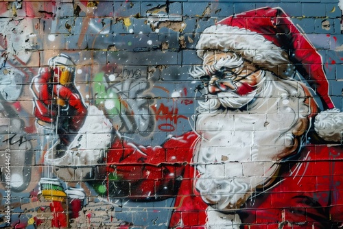 Santa claus graffiti spraying paint on urban brick wall