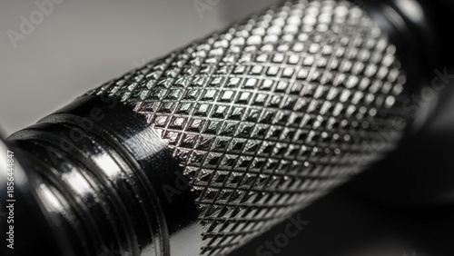 Macro close-up of shiny metal handle knurling texture detail