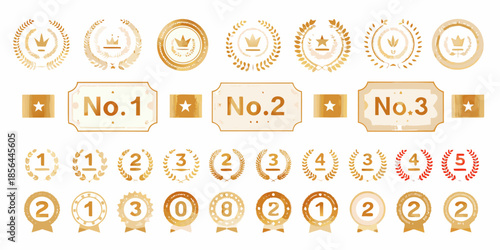 Collection of golden badges ribbons and seals with various designs and rankings