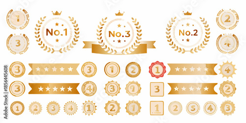 Collection of golden award ribbons badges and labels with numbers