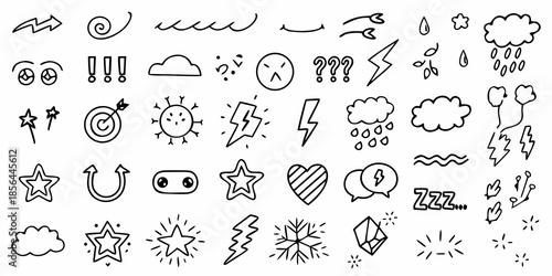 Collection of hand drawn doodle style weather stars and various symbols