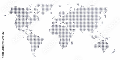 A dotted world map illustration showing continents and oceans in gray tones