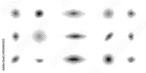 Abstract arrangement of dotted ovals and circles on a plain white background