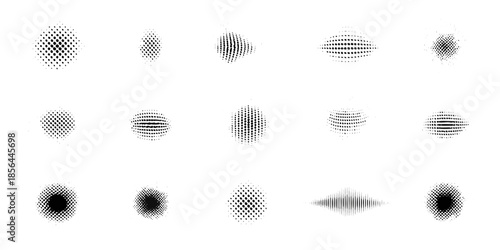 Arrangement of abstract halftone dot patterns in varying shapes and densities