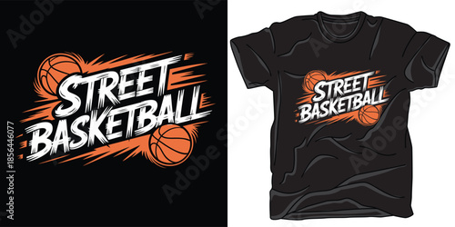 Street basketball typography with orange balls and brush stroke lettering graphic design T-shirt prin