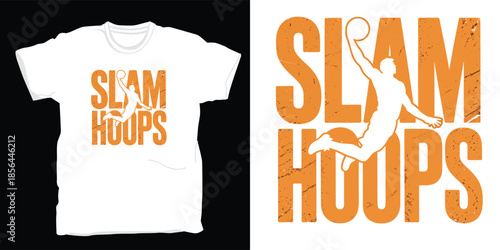 Stylish slam hoops typography with an abstract basketball player silhouette graphic design T-shirt print