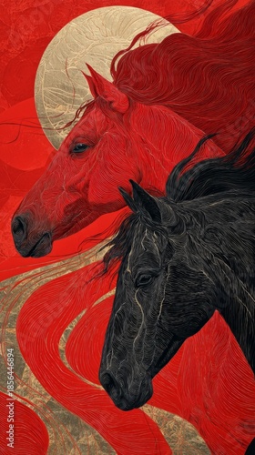 Two Horses with Dynamic Red and Black Hairstyles