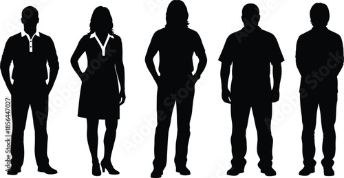 Collection of professional business and casual people silhouettes standing in a row for corporate leadership diversity and successful workforce development