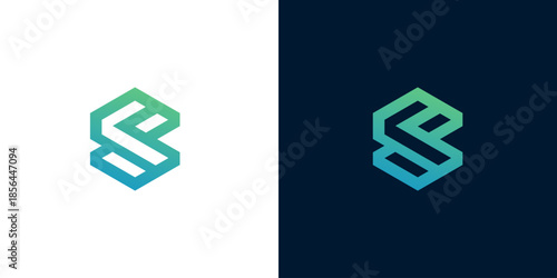 Abstract Geometric Logo Symbol Featuring Two 'S' Shaped Designs in Green and Teal Gradient on White and Dark Blue Backgrounds