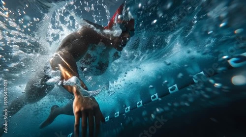 An athlete in a wetsuit swims underwater in a video capturing dynamic ocean movement and energy
