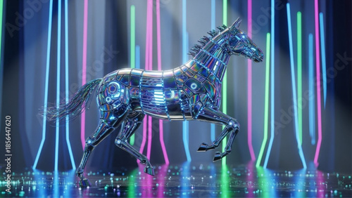 Futuristic running cybernetic neon robot horse