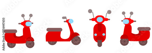 Red motorcycle or motorbike vehicles on white background.Front and side view.Electric Scooter.Delivery and transport.Sign, symbol, icon and logo isolated.Flat design.Cartoon vector illustration.