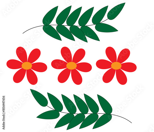 red flowers and two twigs on a white background,
