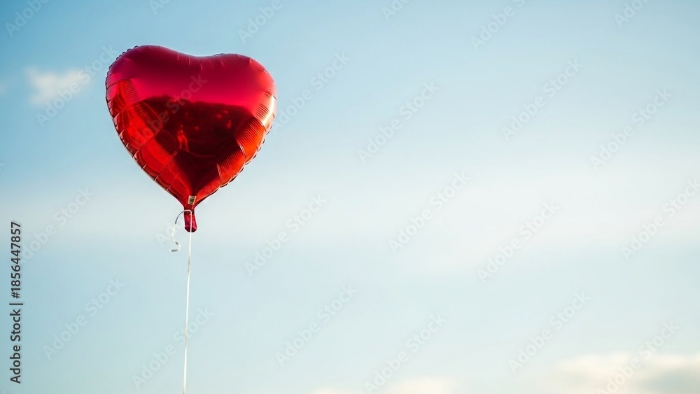 Fototapeta premium Romantic Shiny Heart Shaped Red Balloon Floating in Blue Sky
