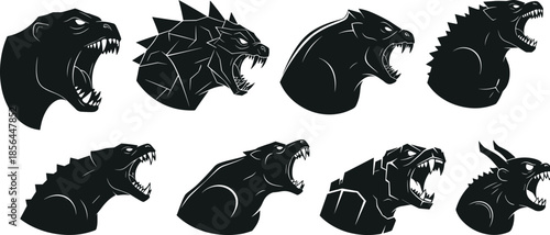 Roaring monster head silhouettes, fantasy beast icons, mythical creature emblems, aggressive animal logos, black graphic designs, reptilian, feline, canine