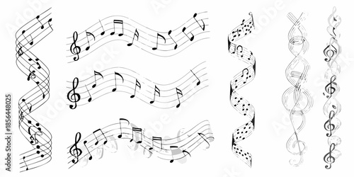 Elegant black and white musical notes forming decorative ribbon like patterns