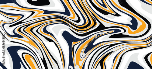 A vibrant, dynamic abstract background featuring a fluid, liquid marble effect. Wavy lines of black, white, orange, and a very dark ocean blue. Eps 10